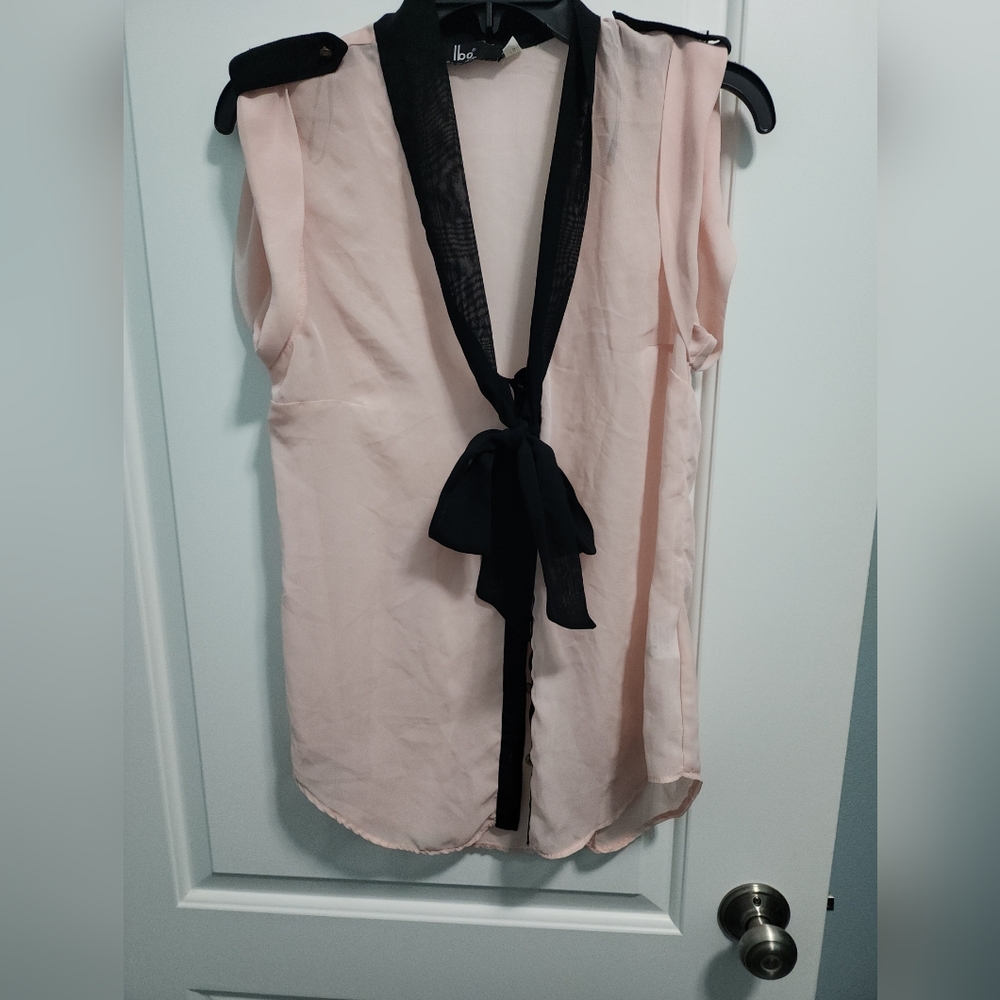 Pink and black sheer top with black tie sz L